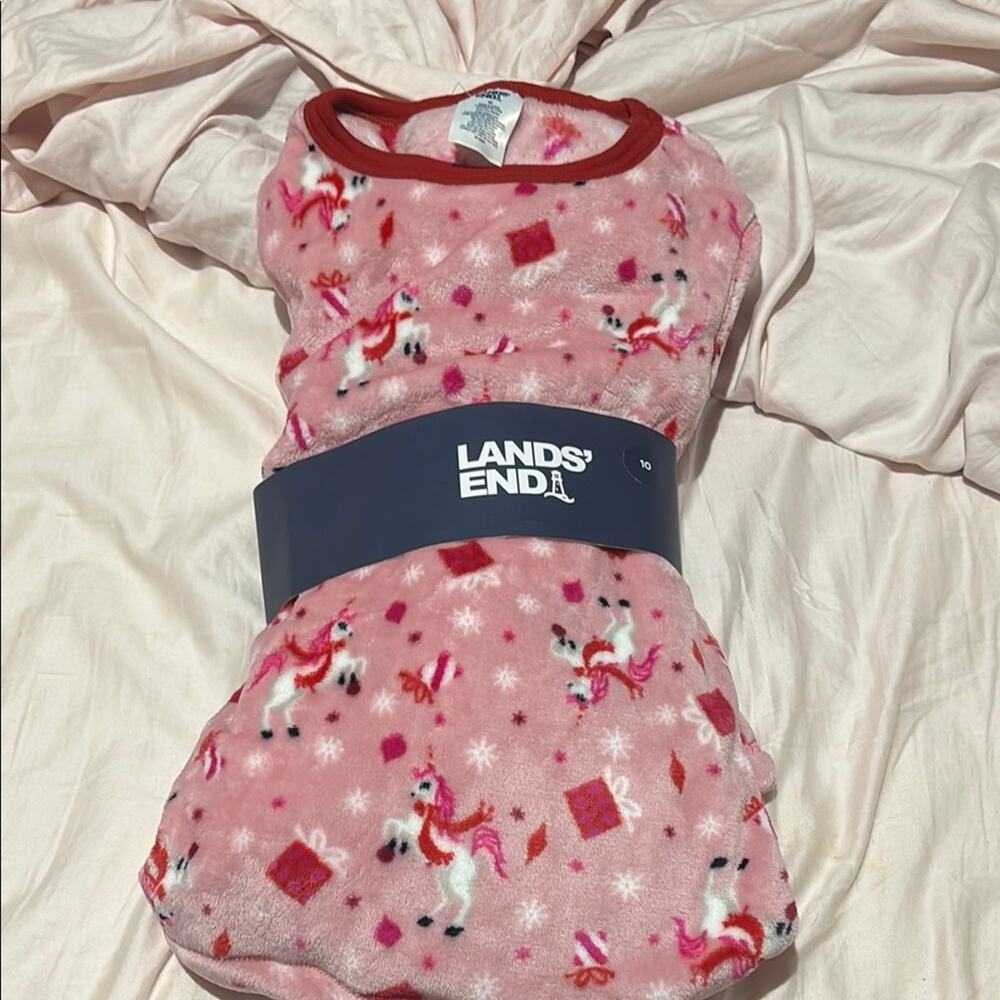 Lands' End 10 Pink Unicorn Christmas Santa Fleece pajamas loungewear nwt